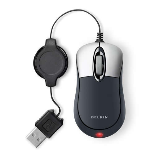 Belkin Retractable Travel Mouse, Silver / Black Produktbild front L